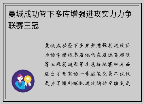 曼城成功签下多库增强进攻实力力争联赛三冠